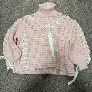 For Love And Lemons Pink Cowl Neck Sweater with White Ribbon Accents